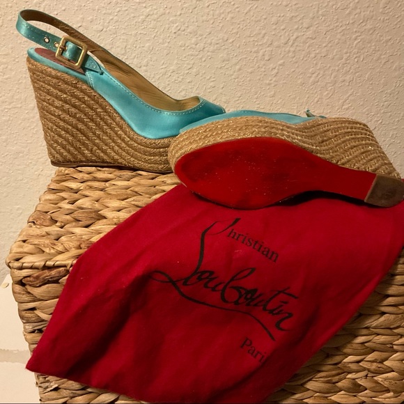 Reposing Christian Louboutin 39 Blue Satin Platform Espadrille Wedge High Heels. - Picture 2 of 3